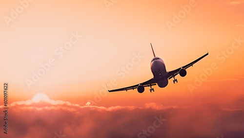 Airplane flying above amazing clouds in clear sunset pink sky. Concept of traveling, vacation and travel by air transport. Beautiful sky background. Copy space. Generative ai