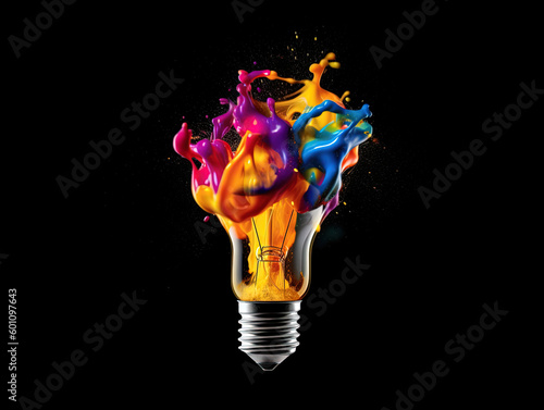 Creative light bulbs explode with colorful paint and splash on a black background. Think differently creative idea concepts, Generative AI