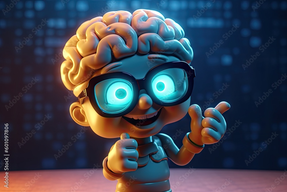 3d illustration of brain cute character in glasses with thumb up. Ai generated 3d illustration of brain cute character in glasses with thumb up. Ai generated