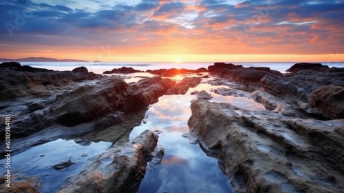 Sunrise Reflection on Rocky Seashore