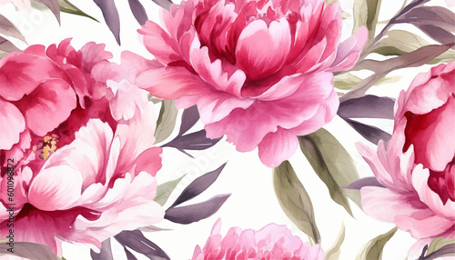 Delicate floral watercolor pattern for textiles and backgrounds, watercolor peonies flowers and green leaves, soft colors, boho style on a light background, floristic vintage, Asian