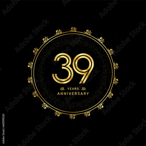 39 years anniversary with a golden number in a classic floral design template