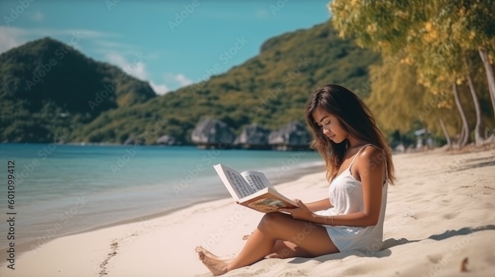 Young woman reading book during tropical beach vacation
