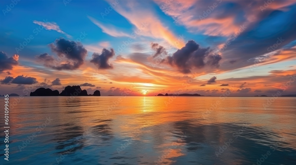 Beautiful sunset over the sea and sky at Krabi Province