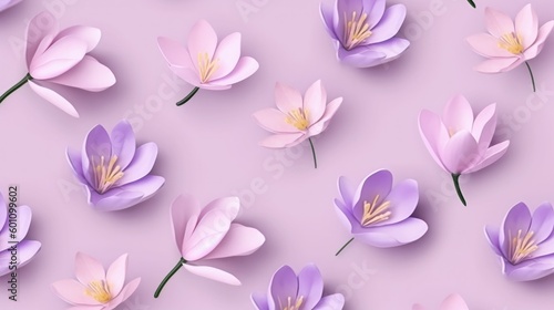 Seamless pattern with purple crocus spring flowers and petals