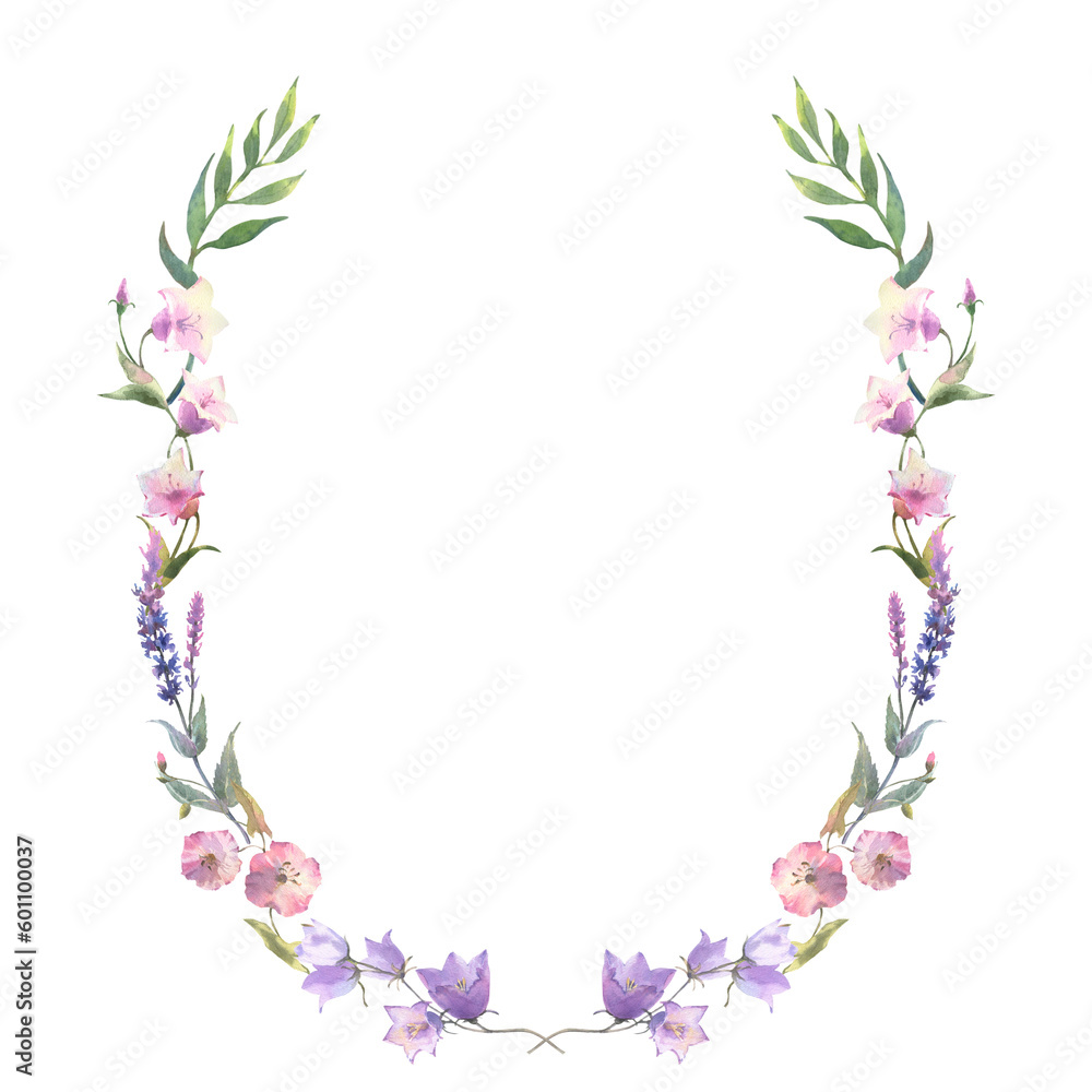 Watercolor painted floral wreath on white background. purple, blue, white and pink wild flowers. Good for cosmetics, medicine, treating, aromatherapy, nursing, package.