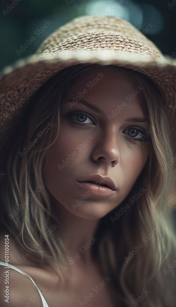 Hot beach babe wearing trendy beach wear in the summer. Generative AI illustrations Hot beach babe wearing trendy beach wear in the summer. Generative AI illustrations