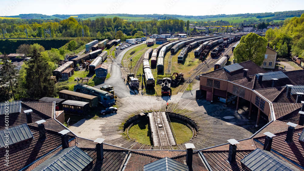 Aerial view of the railway roundhouse of Longueville in Seine et Marne, France - Turntable allowing locomotives to be serviced in different workshops arranged in a semi-circular building