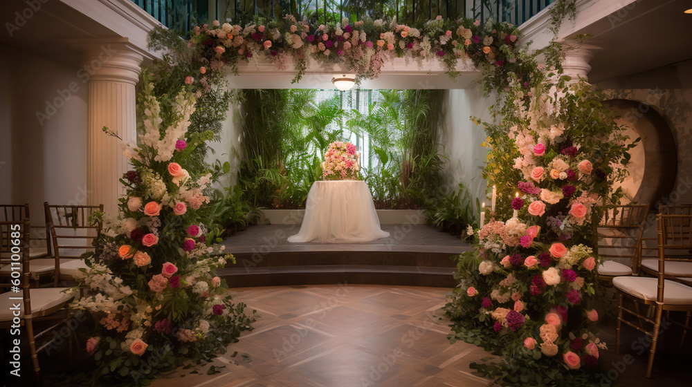 The wedding venue was transformed into a fairytale-like setting with lush greenery and flowers cascading down the walls. Generative AI