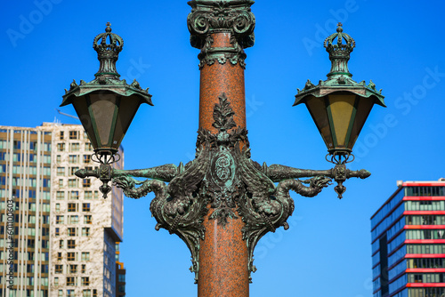 Ornate lamposts with beautiful street lights on Regentessebrug (