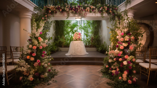 The wedding venue was transformed into a fairytale-like setting with lush greenery and flowers cascading down the walls. Generative AI © Gasspoll