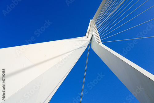 Low angle view of where the suspension cables of the Erasmus Bridge are attached to its high mast in Rotterdam  the Netherlands