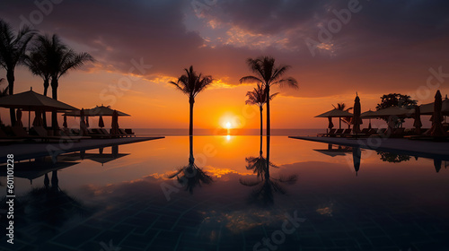 Luxury pool on swimming summer beach, tropical landscape. Beautiful tranquil beach holiday vacation background. Generative AI