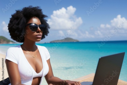 A beautiful young black woman in a swimsuit and sunglasses working on a laptop while chilling at the beach, created with generative AI