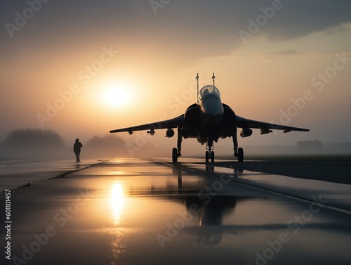 Stealth and Speed: Fighter Jet on Runway at Dawn