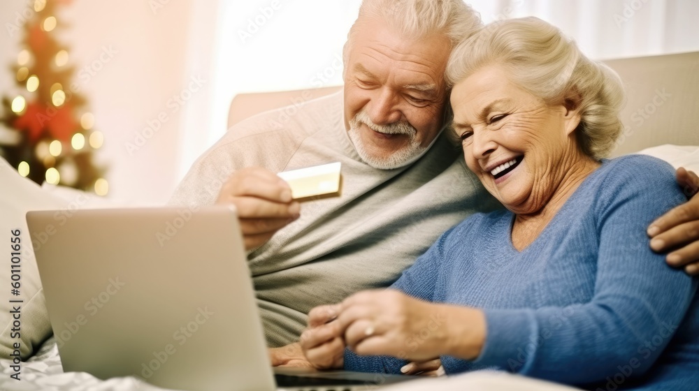 Senior couple using laptop and credit card on bed Senior couple using laptop and credit card on bed