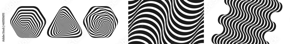 Naklejka premium Abstract striped design element. Optical art. Wavy pattern with optical illusion. 3d vector illustration for brochure, magazine, poster, presentation, flyer and banner.