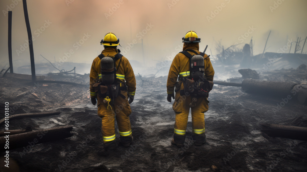 Fototapeta premium Strength and Resolve: American Firefighters in the Aftermath. Generative AI