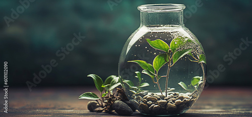 A glass vase with water and a plant inside