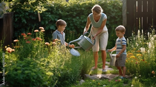 Mother and sons with watering cans in garden