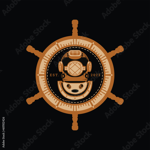 steering wheel, Vintage diving helmet and ship's wheel template vector illustration