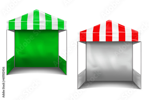 Striped red, green and white canopy tent with back and side walls vector mockup. Pop-up gazebo realistic mock-up. Foldable event marquee. Template for design