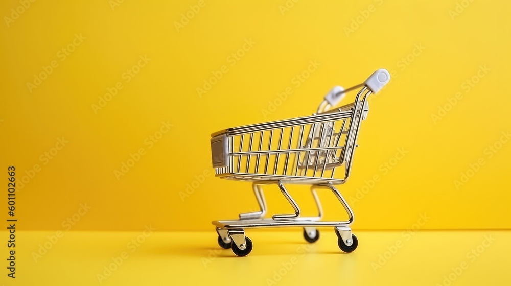 Shopping cart concept on yellow background Shopping cart concept on yellow background