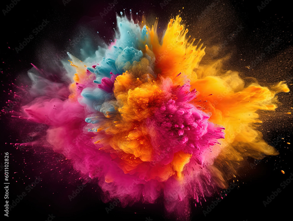 Colored powder explosion. Abstract closeup dust on backdrop. Colorful explode. Paint holi, Generative AI