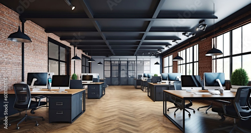 Modern office interior design. Loft concept 3d rendering. Generative AI