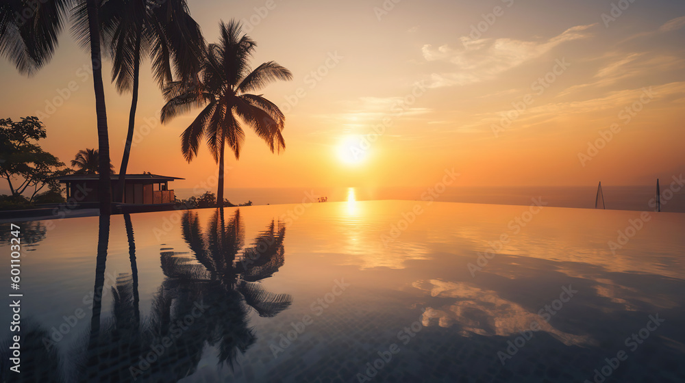 Luxury pool on swimming summer beach, tropical landscape. Beautiful tranquil beach holiday vacation background. Generative AI