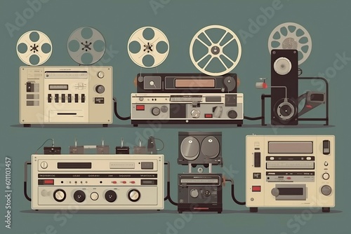 illustration, a set of old reel players and recorders, ai generative
