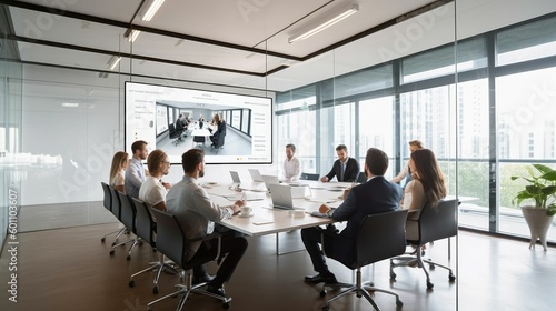 Architects video conferencing in an office meeting