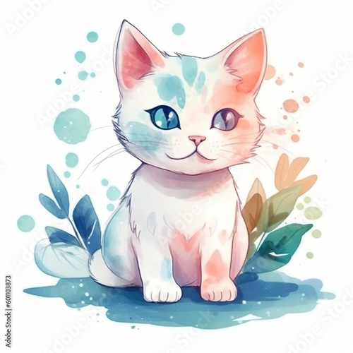 Cute watercolor cartoon cats set illustrations on white background. Perfect for stickers, wallpaper, poster decoration, Generative AI