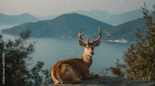 Axis deer sitting on mountain by sea