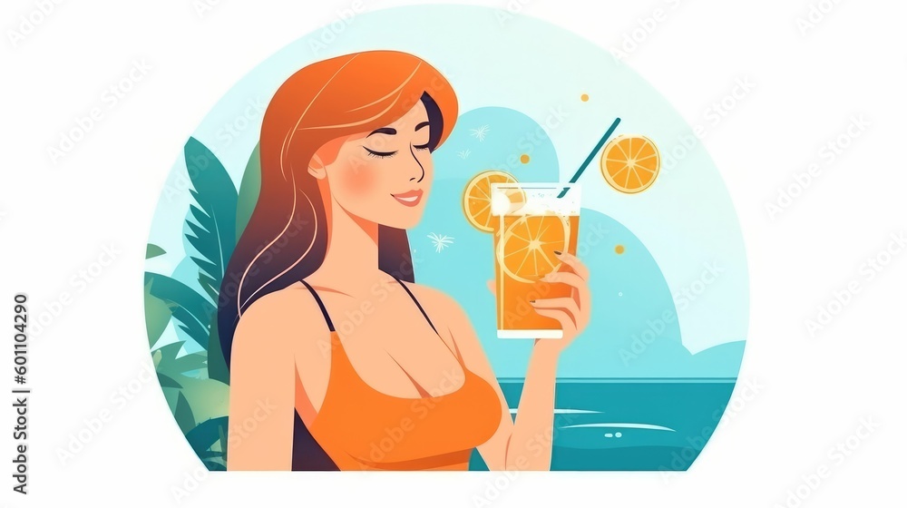 Drawing of a woman in bikini drinking ocean refreshment Drawing of a woman in bikini drinking ocean refreshment