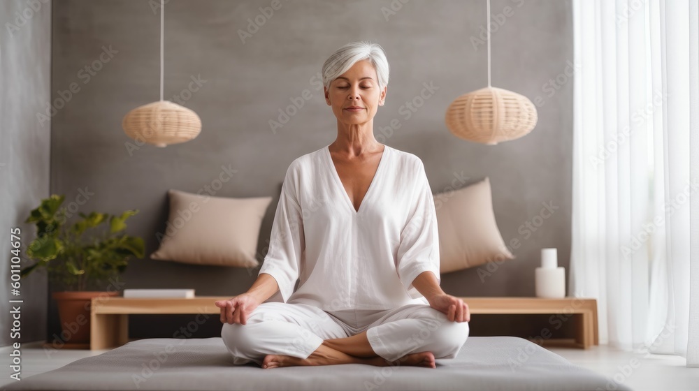 custom made wallpaper toronto digitalSenior woman meditating on bed at home