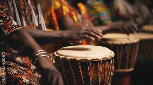 African people playing traditional music with djembe photo