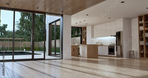 Camera moves around a room, revealing the gradual appearance of furniture and furnishings.