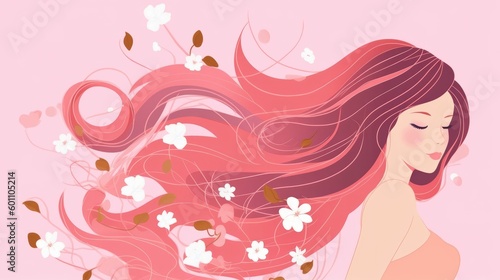 Girl with flowing hair in a pink summer breeze. Flower.