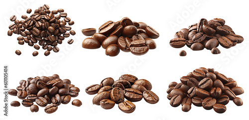 six heaps of big and small coffee beans on a transparent background, Generative AI