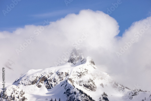 Sky Pilot Mountain covered in Snow. Canadian Landscape Nature Background. Squamish, British Columbia, Canada. Sunny Day