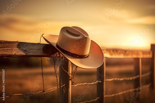 cowboy hat hanging on a wooden fence at sunset background. wild west culture. Generative AI