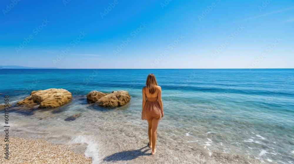 Woman at the Adriatic seashore on a summer morning