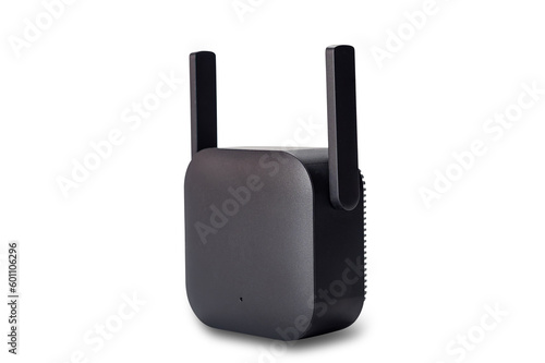 Closeup view of black wireless wi-fi signal range extender with adjustable antennas isolated on white background with clipping path. photo