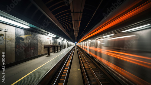 Subway tunnel with blurred light tracks with arriving train in the opposite direction. Generative AI