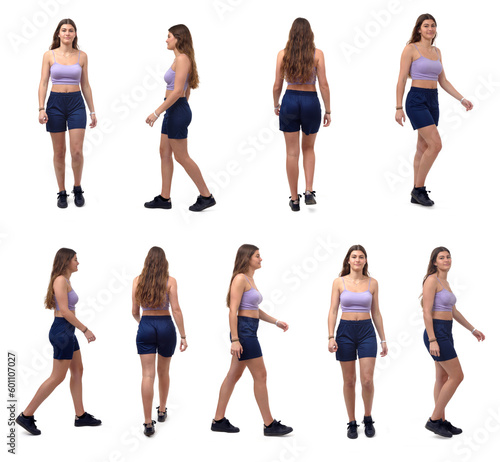  group of a young same girl walking on white background