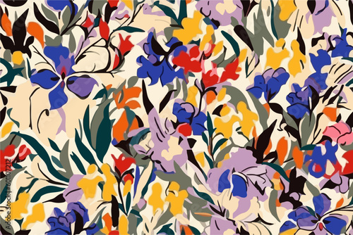Colorful seamless iris pattern, Vector illustrations of flower, plant, floral pattern, leaves, bird, iris for greeting card, flyer or frame