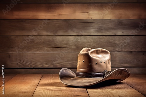 cowboy hat on a wood background. western, cowboy attributes. Generative AI