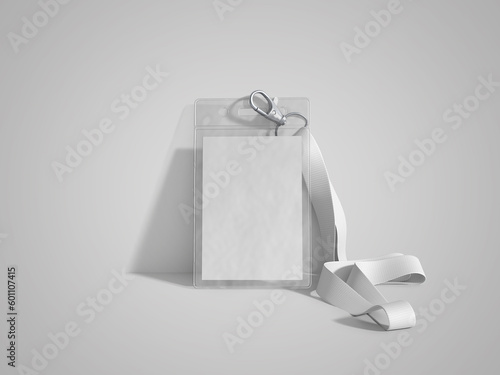 Blank bagde mockup isolated on white. Plain empty name tag mock up hanging on neck with string. Nametag with blue ribbon and transparent plastic paper holder. 3D illustration, 3D rendering.