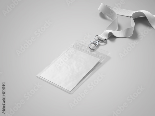 Blank bagde mockup isolated on white. Plain empty name tag mock up hanging on neck with string. Nametag with blue ribbon and transparent plastic paper holder. 3D illustration, 3D rendering.